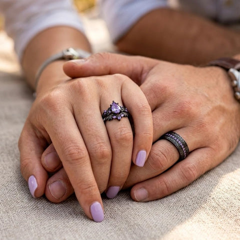 Sterling Silver 10K 14K 18K Gold Purple Gemstone Amethyst  Rings Set Couple Promise Rings Wedding Anniversary Rings