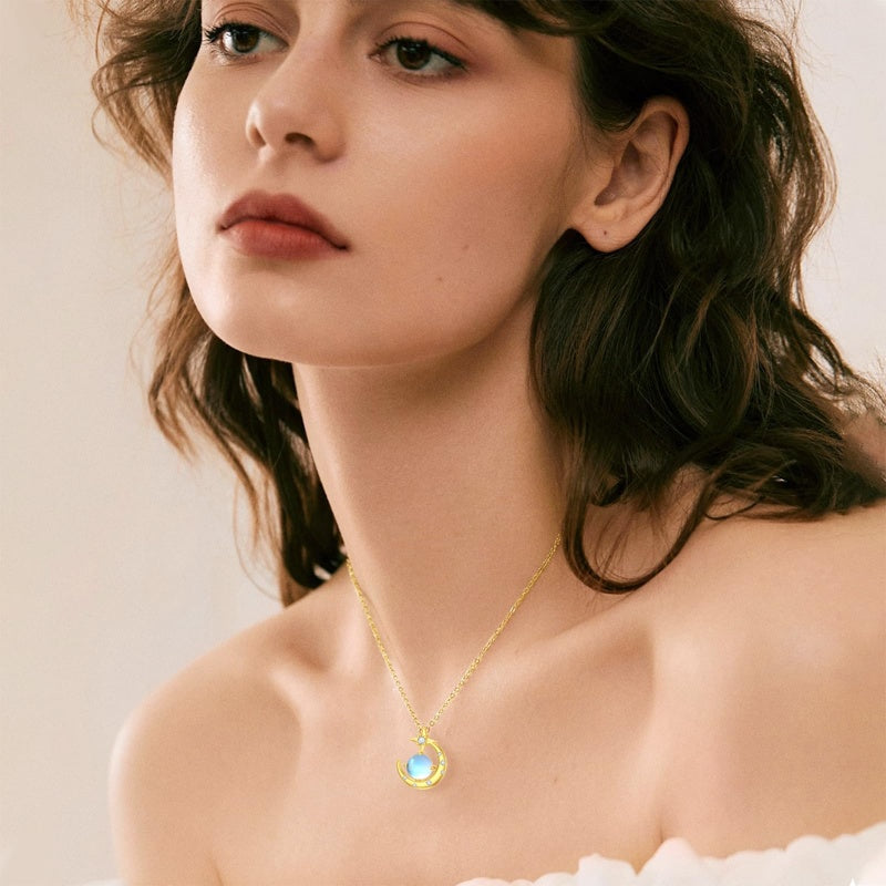 10K 14K 18K Yellow Gold Moonstone Moissanite Moon and Star Necklace Birthday Anniversary Jewelry Gift for Her