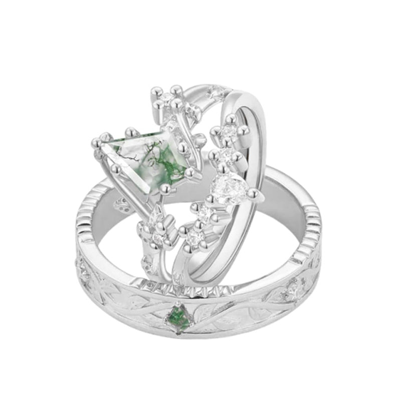Sterling Silver10K 14K 18K Gold Natural Moss Agate Branch Leafy Engagement Ring Set For Couples