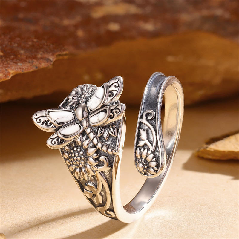 JERWLI Sterling Silver Dragonfly Spoon Ring With Turquoise - Adjustable Vintage Thumb Ring For Women & Men