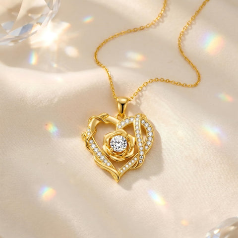 Heart Rose Pendant Necklace for Women  14K Gold Plated Mothers Day  Anniversary Birthday Gift