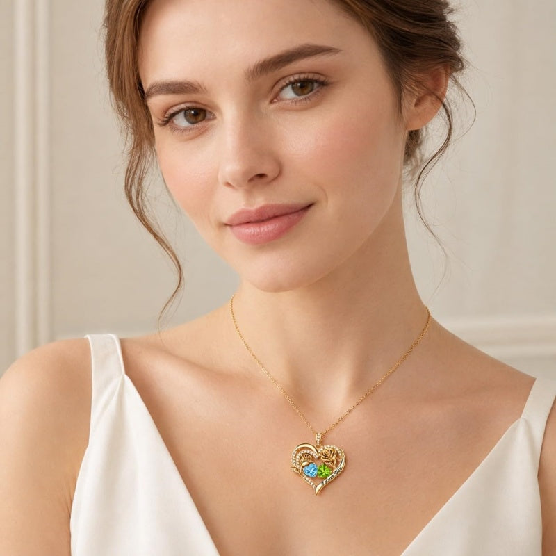 14K Gold Plated Double Heart Birthstone Rose Pendant Necklace for Women