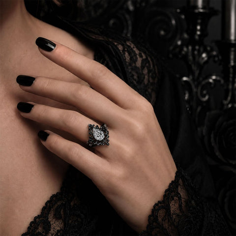Sterling Silver 10K 14K 18K Gold Moissanite Gothic Black  Engagement Wedding Ring  for Women Halloween Gift