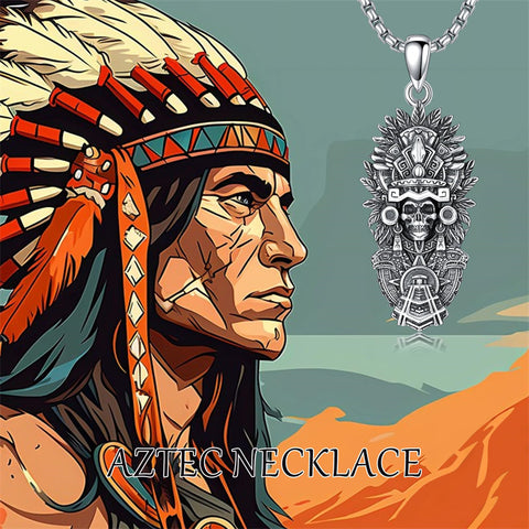 Sterling Silver Mictlantecuhtli Quetzalcoatl Tezcatlipoca Skull Pendant Necklace Aztec Jewelry