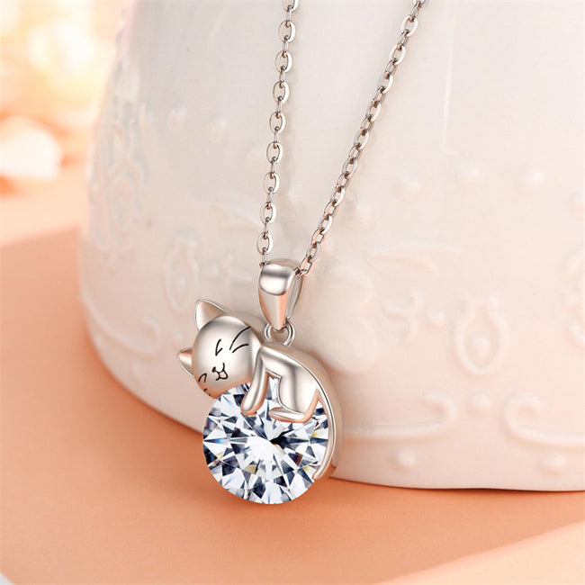 Cat Necklace wih Bithstone 925 Sterling Silver Cat Pendan Necklace Gift for Women