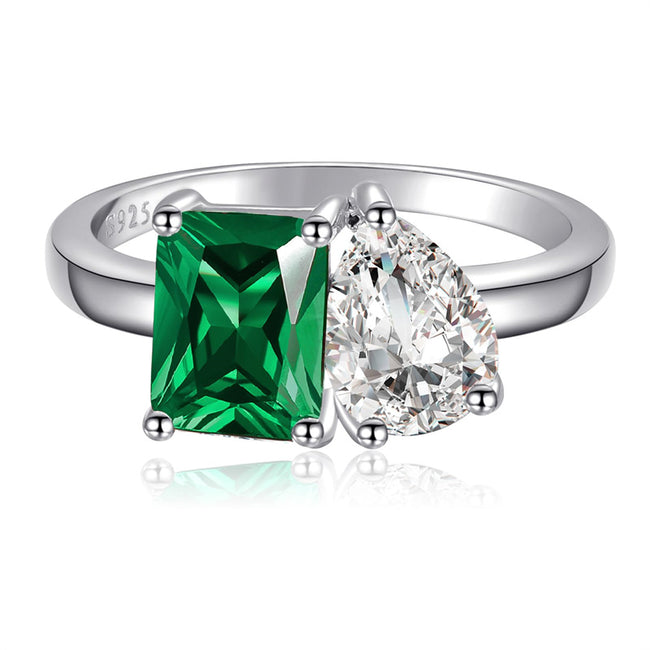 925 Sterling Silver Engagement Ring 1.5ct Double Stone Ring Emerald & Pear Cut Wedding Eternity Ring Cubic Zirconia