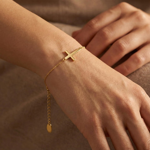 14K Gold Plated Cross Adjustable Chain Bracelet for Women