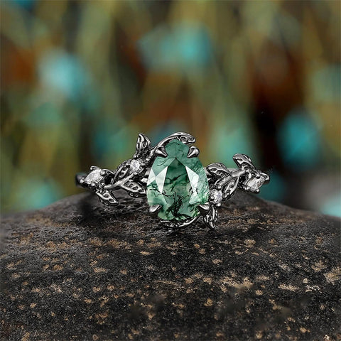 Sterling Silver 10K 14K 18K Gold Natural Leaf  Moss Agate Engagement Anniversary Couple Ring Sets