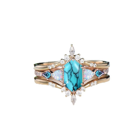 Sterling Silver 10K 14K 18K Gold Turquoise Engagement  Wedding Ring Set for Women