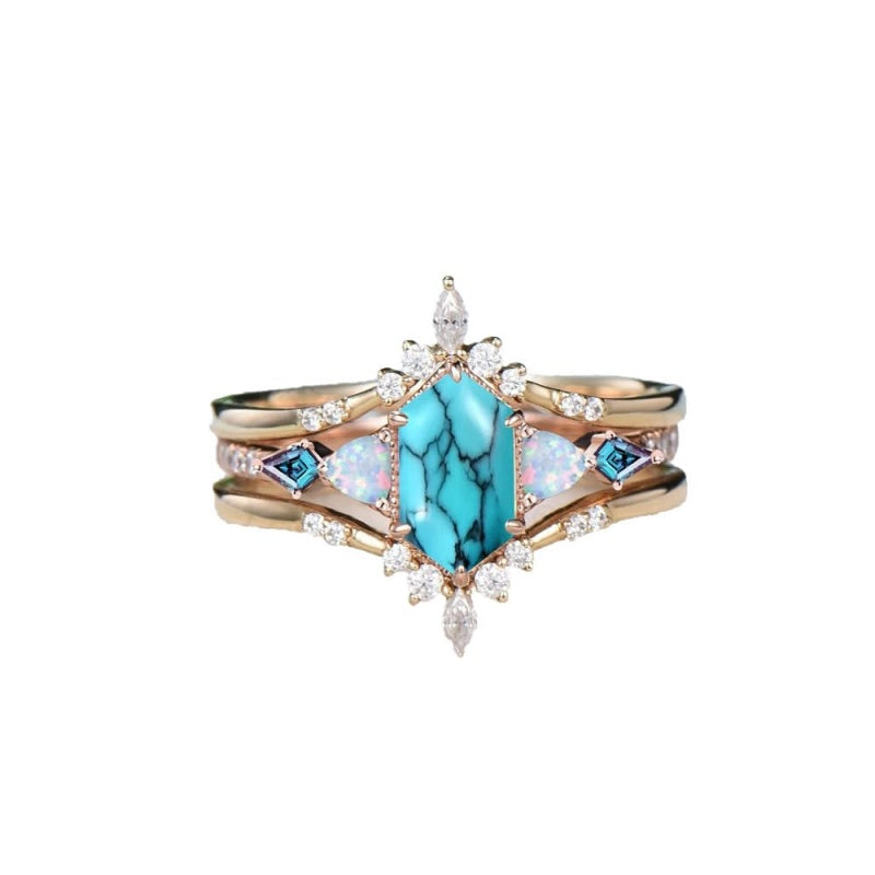 Sterling Silver 10K 14K 18K Gold Turquoise Engagement  Wedding Ring Set for Women