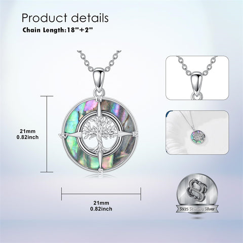 Sterling Silver Abalone Shell  Mountain Tree of Life  Compass Pendant Necklace for Women