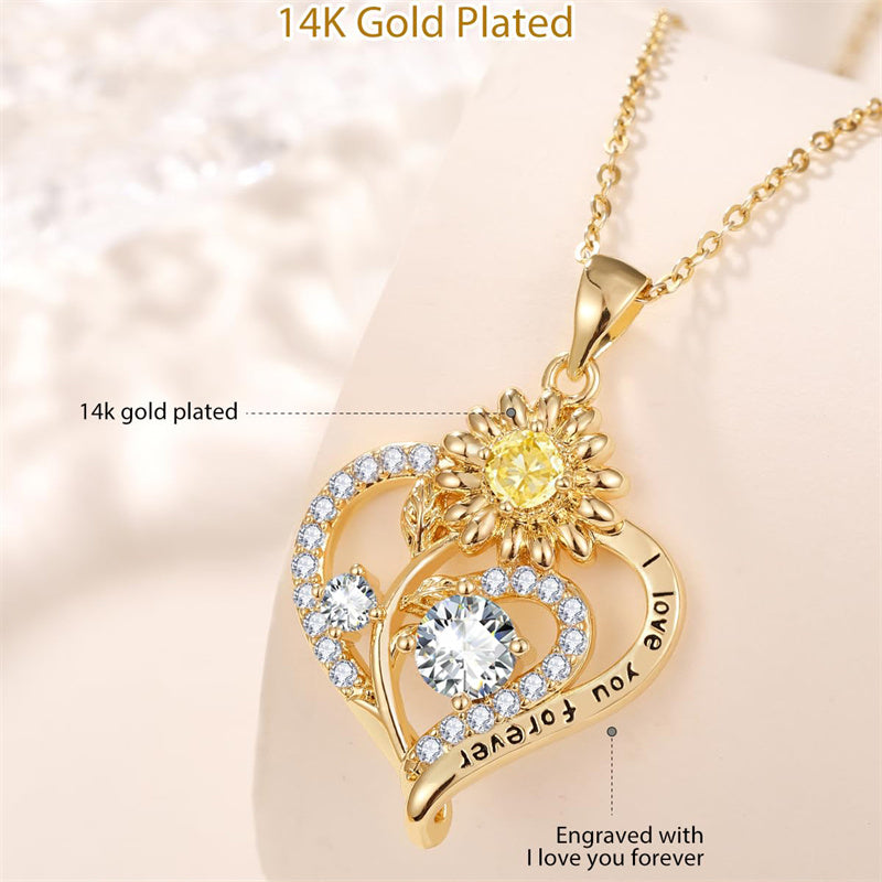 Sterling Sliver Birthstone Love Heart & Sunflower Pendant Necklace Engraved With You Are My Sunshine