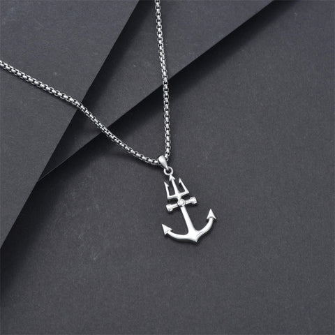 Sterling Silver Earth Swordfish Trident Compass Anchor Pendant Necklace