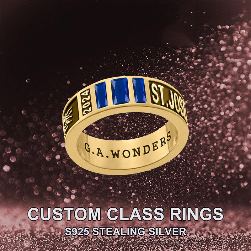Sterling Silver 10K 14K 18K Gold Personalized Birthstone Pattern Class Ring for Men