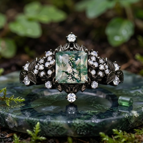 Sterling Silver 10K 14K 18K Gold 1-4CT Moss Agate Engagement Ring Promise Ring