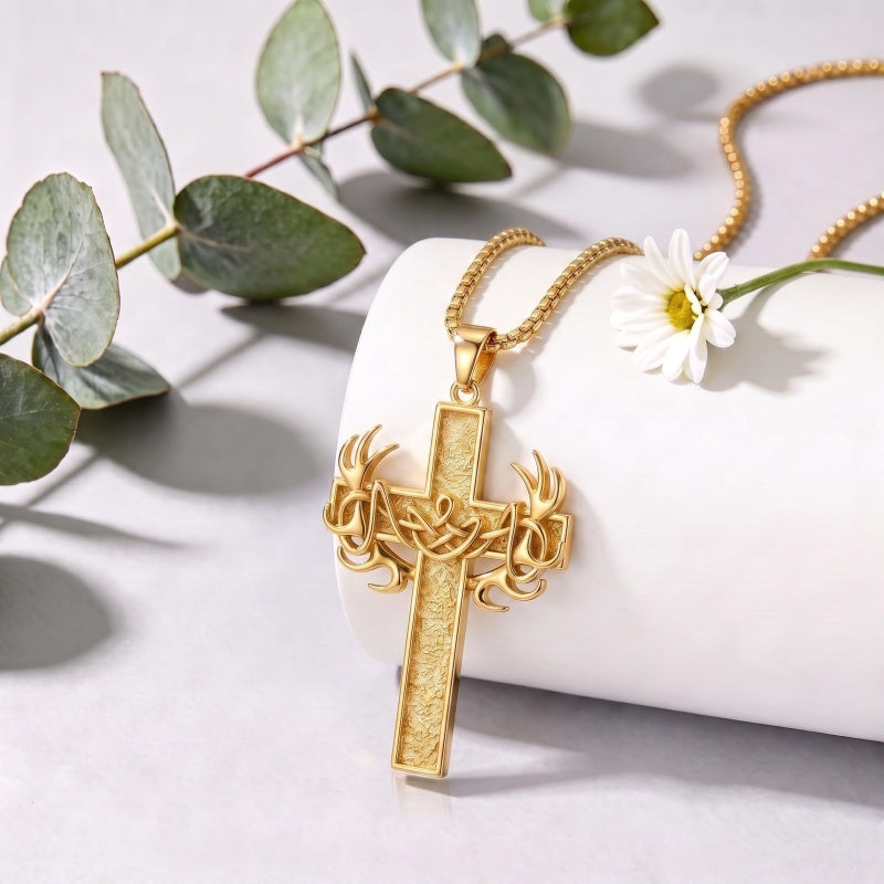 14k Gold Plated Cross Deer Antler Celtic Knot Sword Twisted Rope Cross Pendant Necklace for Men