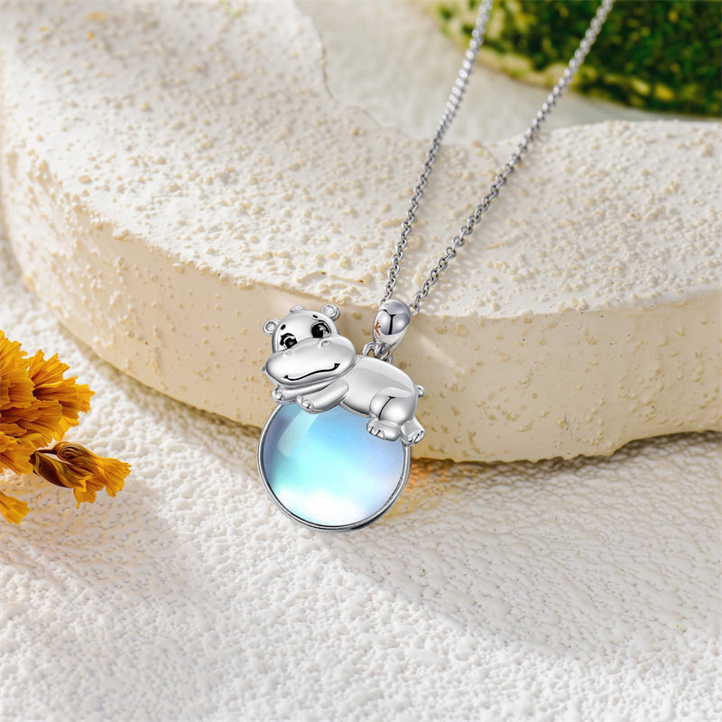 Sterling Silver Moonstone Fox Dolphin Axolotl Teddy Bear Hippo Raccoon Pendant Necklace for Women