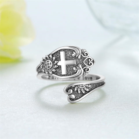Sterling Silver Cross Adjustable Spoon Ring