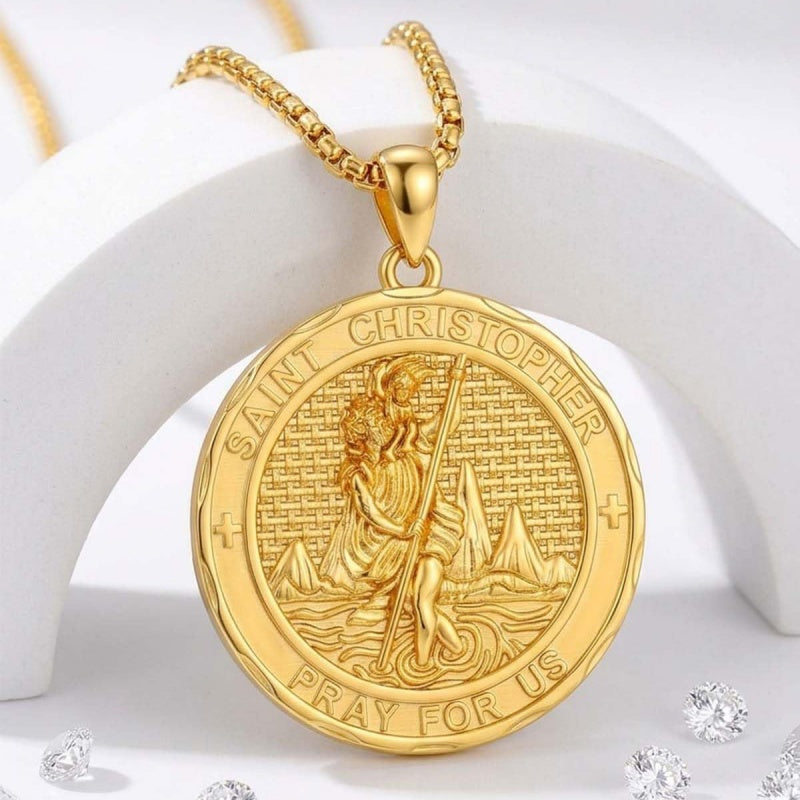 Christian Religious Medal Amulet 14K Gold Plated Pendant  Necklace