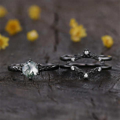 Sterling Silver 10K 14K 18K Gold 2CT Moss Agate Vine Leaf Women's Bridal Ring Sets for Wedding Engagement