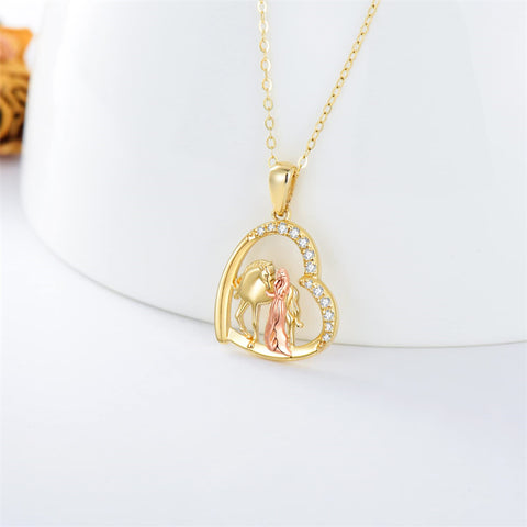 14K Solid Gold Horse and Girl Heart Necklaces for Women Yellow Gold Necklaces Fine Jewelry Present for Wife Girlfriend