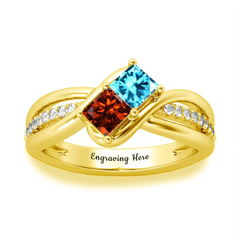 10K 14K 18K Gold Personalized 2 Birthstones Engraved Ring Mother's Day Gift