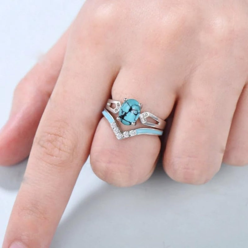 Sterling Silver 10K 14K 18K Gold Turquoise Engagement  Wedding Ring Set for Women