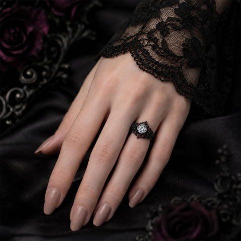 Sterling Silver 10K 14K 18K Gold Moissanite Gothic Black  Engagement Wedding Ring  for Women Halloween Gift