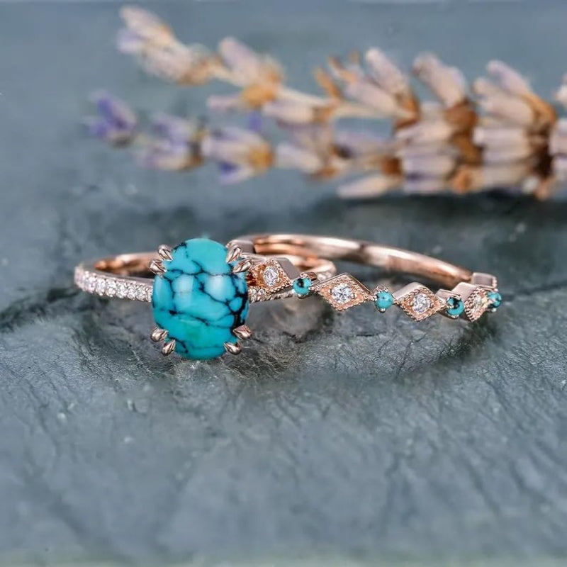 Sterling Silver 10K 14K 18K Gold Turquoise Engagement  Wedding Ring Set for Women