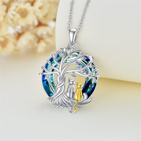 Sterling Silver Cat Tree of Life Pendant Necklace with Blue Circle Cat Necklace Crystal Birthday Christmas Gifts