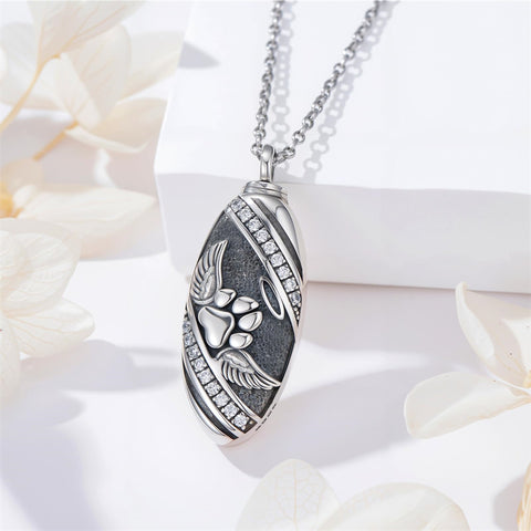 Sterling Silver Oval Paw Prints Dog FootPrints  Heart Rabbit Urn Necklace for Ashes Keepsake Jewelry for Women