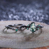 Sterling Silver 2CT Moss Agate  Engagement Wedding Ring Sets for Women