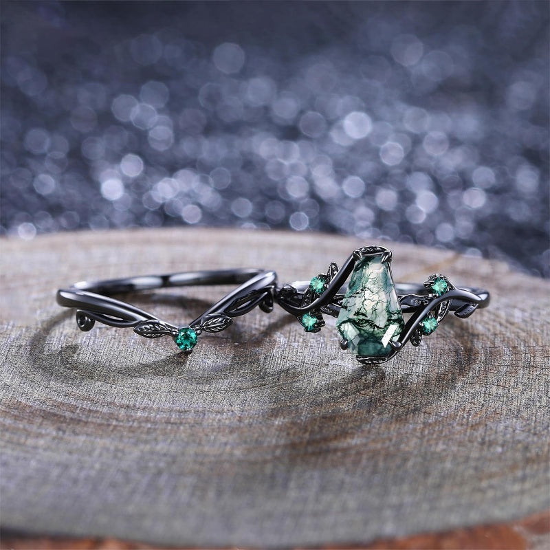 Sterling Silver 2CT Moss Agate  Engagement Wedding Ring Sets for Women