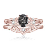 Sterling Silver 10K 14K 18K Gold  Oval Cut Unique Vine Gemstone Wedding Ring Set