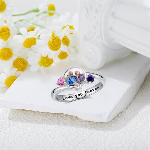 Sterling Silver Custom Birthstone Photo Engraved Photo Ring