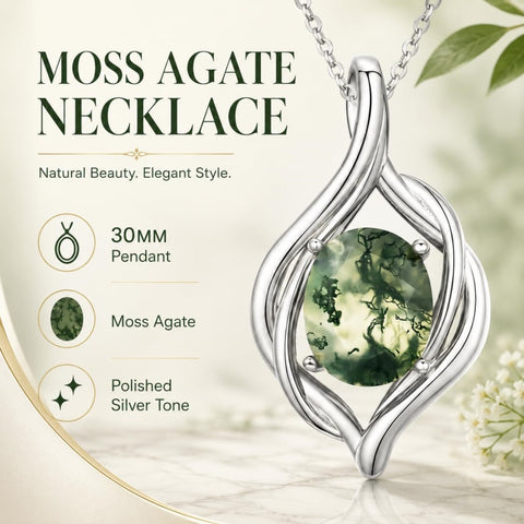 14K Gold Plated Moss Agate Pendant Necklace Boho Jewelry for Women