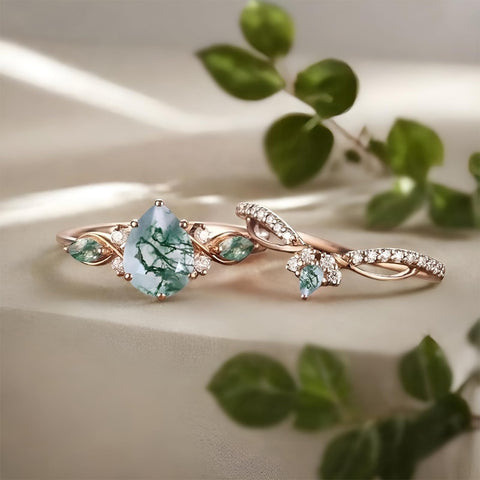 Sterling Silver 2CT Moss Agate  Engagement Wedding Ring Sets for Women