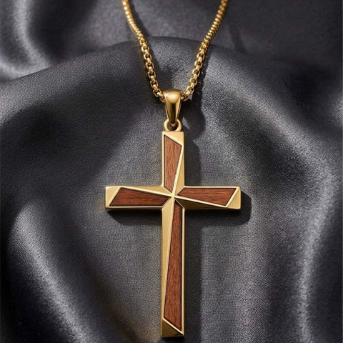 14K Gold Plated Wooden Cross Pendant Necklace Christian Catholic Jewelry Religious Gift
