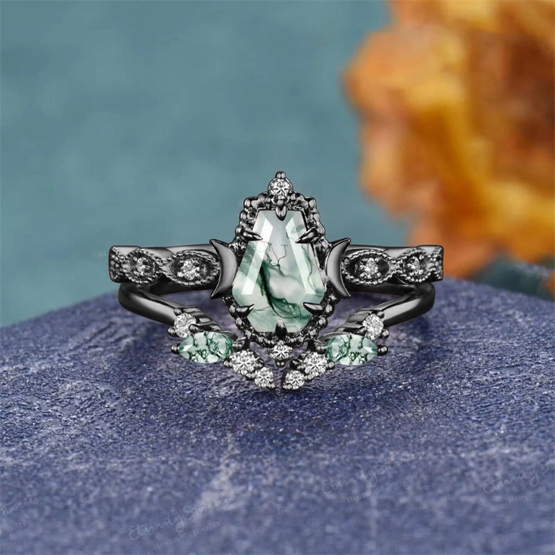Sterling Silver 10K 14K 18K Gold Vintage Nature Moss Agate Engagement Ring Sets for Women