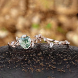Sterling Silver 2CT Moss Agate  Engagement Wedding Ring Sets for Women