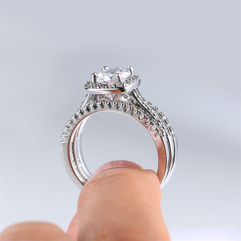 Copper Cubic Zirconia Three-in-One Halo Engagement Wedding Band Ring Set