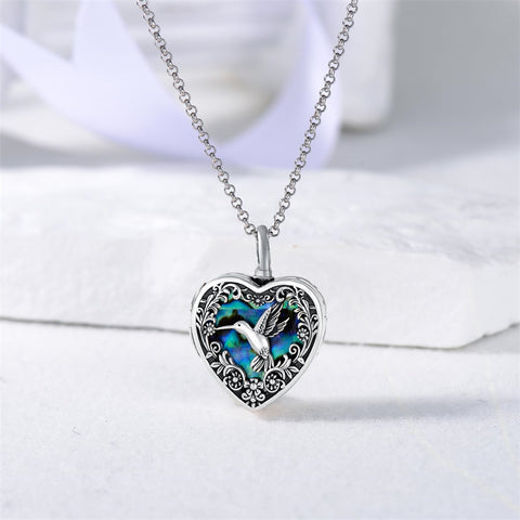 Sterling Silver Abalone Shell Heart Hummingbird Urn Locket Necklace for Ashes