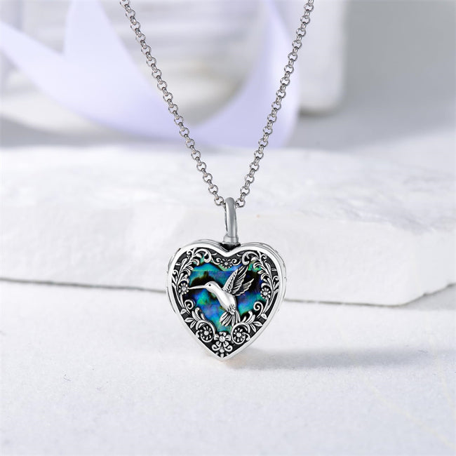 Hummingbird Urn Locket Necklace for Ashes Sterling Silver Pictures Heart Photo Necklace Abalone Shell Cremation Jewelry