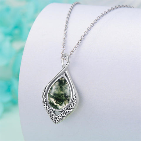 Sterling Silver Moss Agate Celtic Knot Rose Claddagh Filigree Pendant Necklace