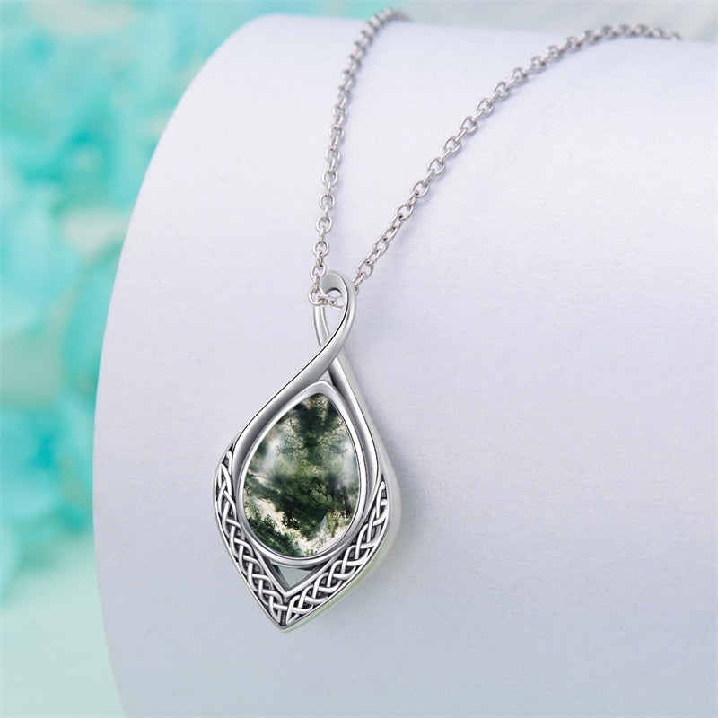 Sterling Silver Moss Agate Celtic Knot Rose Claddagh Filigree Pendant Necklace