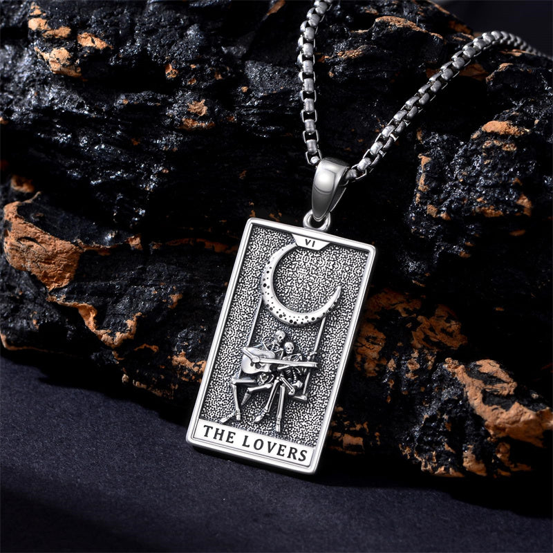 Sterling Silver Lovers Hierophant Magician Three of Swords Wheel of Fortune SkeletonTarot Card Pendant Necklace