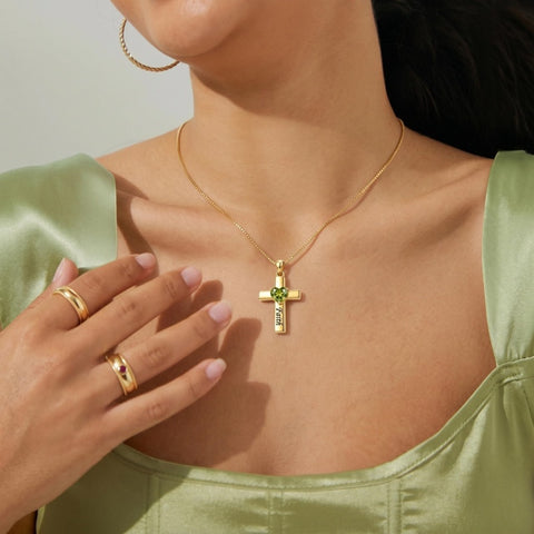 14K Gold Plated Heart Birthstone Cross Necklace for Women Engraved with Faith