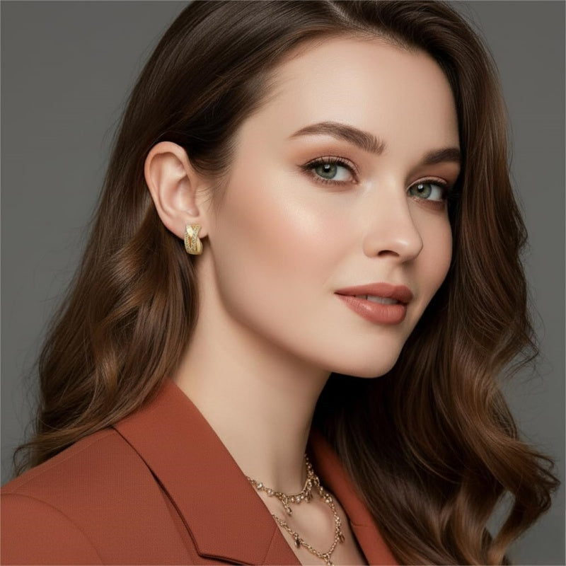 14K Gold Plated  Cubic Zircon X-shaped Hoop Earrings for Women
