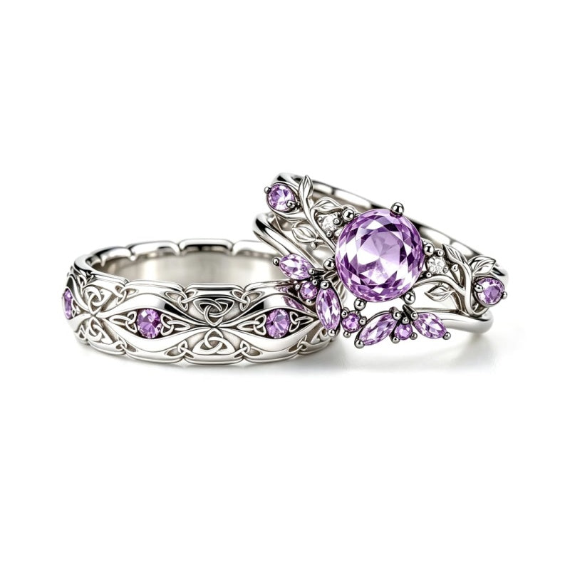Sterling Silver 10K 14K 18K Gold Purple Gemstone Amethyst  Rings Set Couple Promise Rings Wedding Anniversary Rings