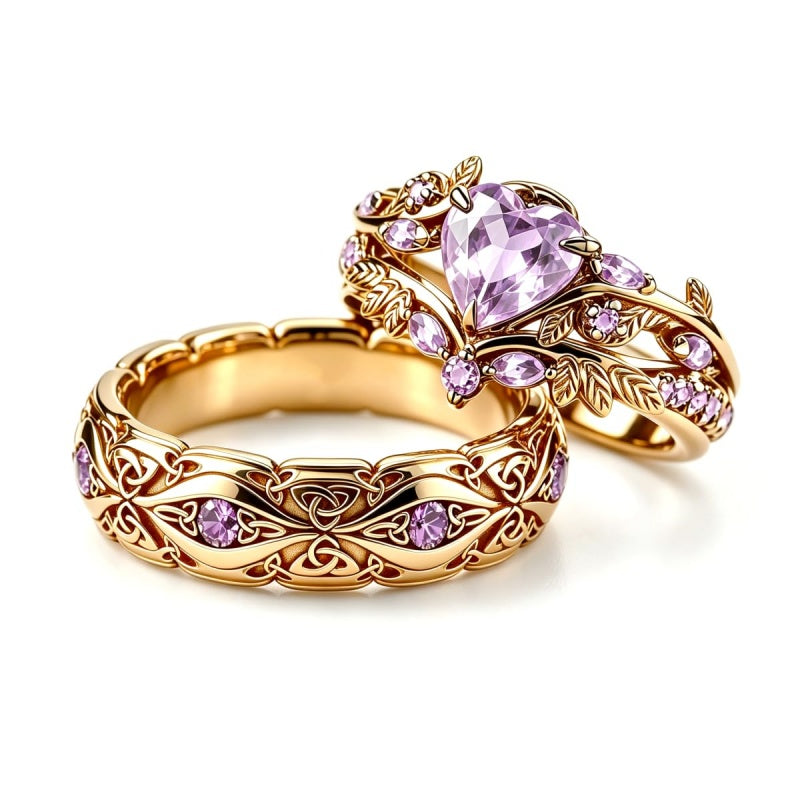 Sterling Silver 10K 14K 18K Gold Purple Gemstone Amethyst  Rings Set Couple Promise Rings Wedding Anniversary Rings